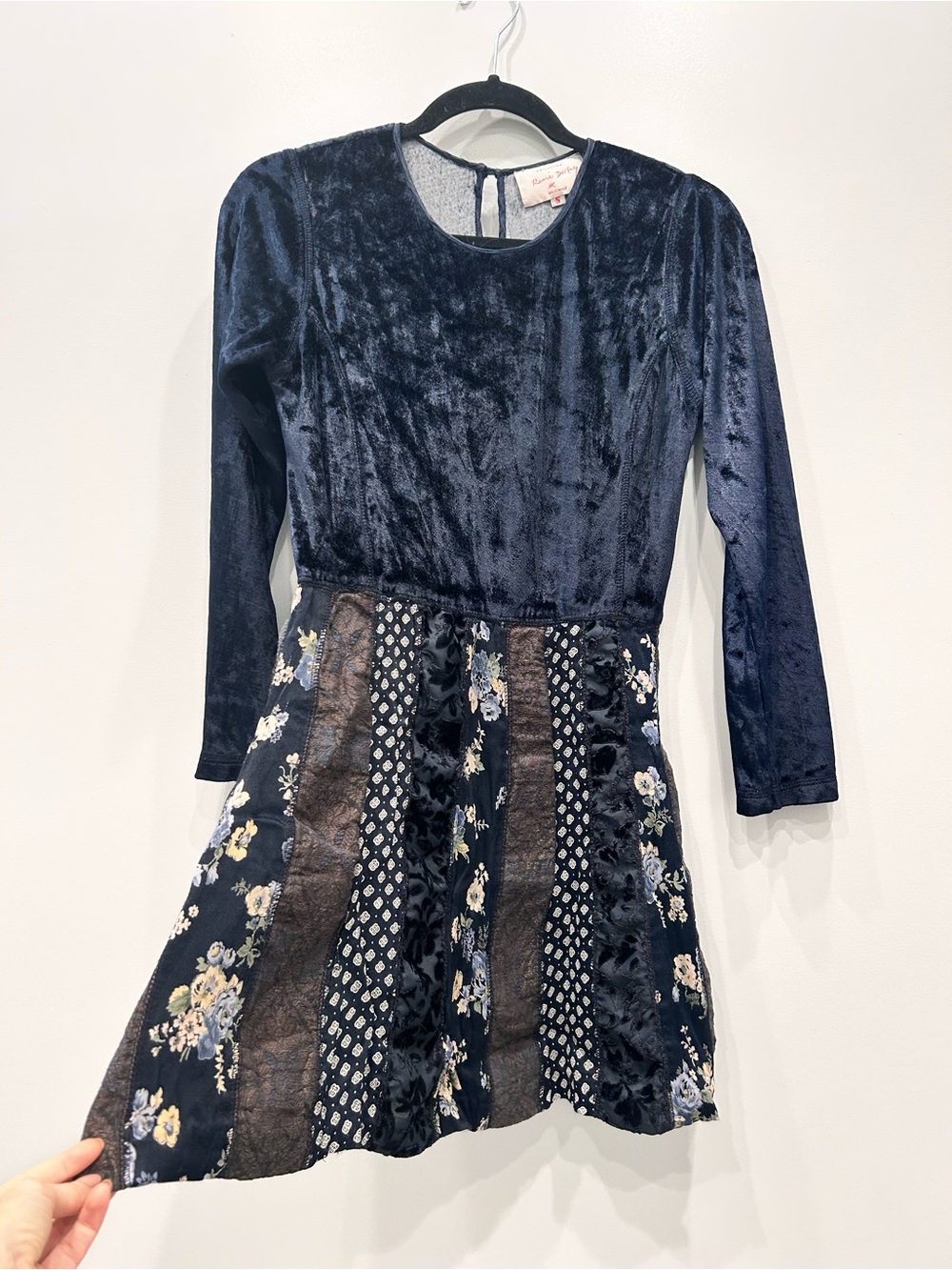 René Derhy Vintage 90s long Sleeve Patchwork & Velvet Babydoll Mini Dress